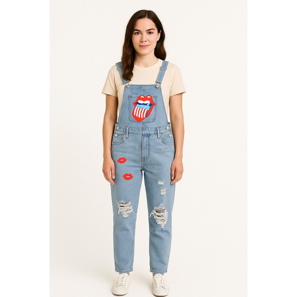 Y2K Mislook Bib Overalls Jeans Womens Size S Mouth Tongue Lips Boho Distressed